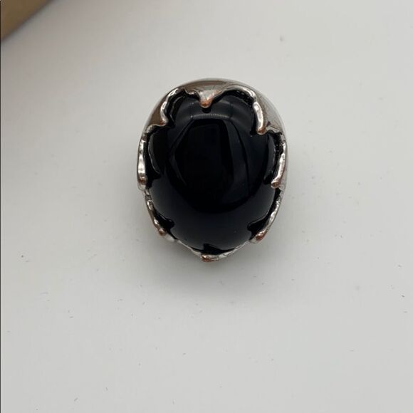 Funky polished black stone & silver tone ring 6.5 - Picture 7 of 16